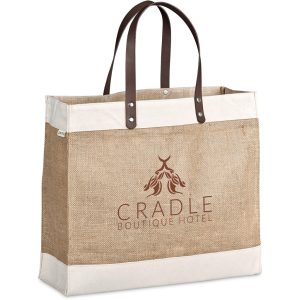 Okiyo Reza Jute & Cotton Tote with Leather Handles Okiyo Reza Jute & Cotton Tote with Leather Handles